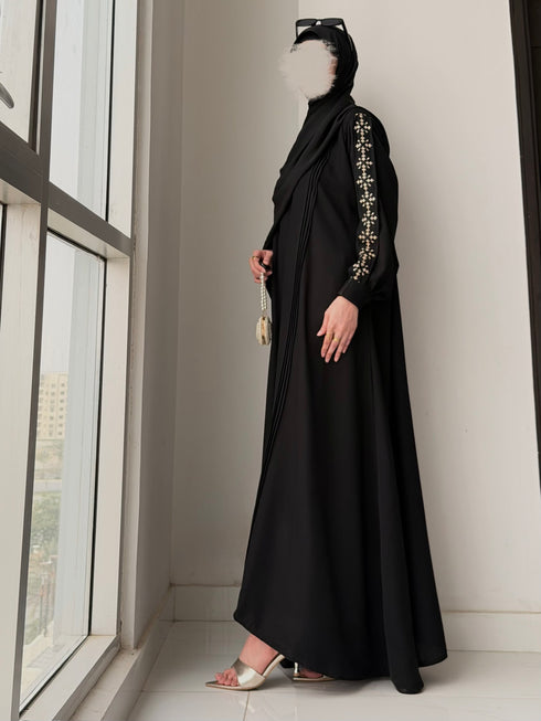 Haya Abaya - Premium black full length abaya with gold sleeve embroidery and front pleats