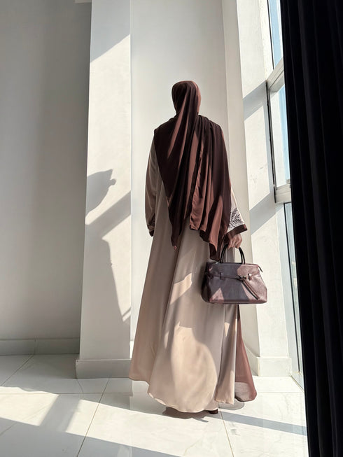 Cocoa Abaya – Chocolate Brown & Beige Embroidered 2-Piece Abaya