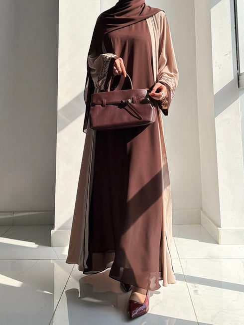 Cocoa Abaya – Chocolate Brown & Beige Embroidered 2-Piece Abaya