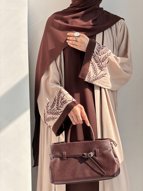 Cocoa Abaya – Chocolate Brown & Beige Embroidered 2-Piece Abaya