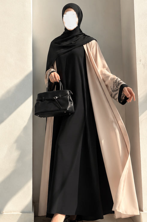 Noir Abaya –Black & Beige Embroidered 2-Piece Abaya